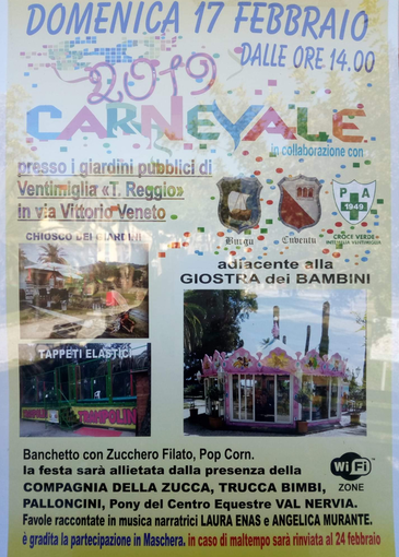 Ventimiglia: domenica prossima, festa di Carnevale ai giardini Tommaso Reggio Ventimiglia: domenica prossima, festa di Carnevale ai giardini Tommaso Reggio