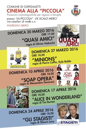 Ospedaletti: domani ultimo appuntamento con il ciclo di proiezioni cinematografiche per ragazzi e famiglie, lunedì celebrazioni per il 25 aprile