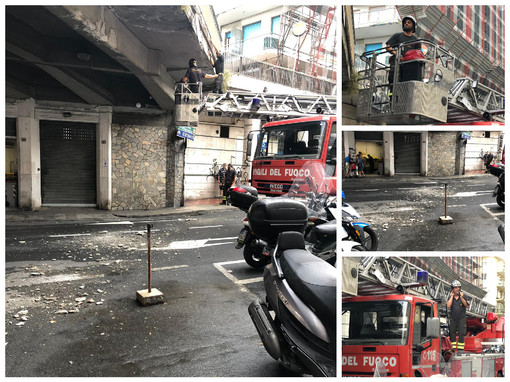 Sanremo, caduta di calcinacci in via San Francesco dal ponte sovrastante, messo rapidamente in sicurezza dai vigili del fuoco (foto)