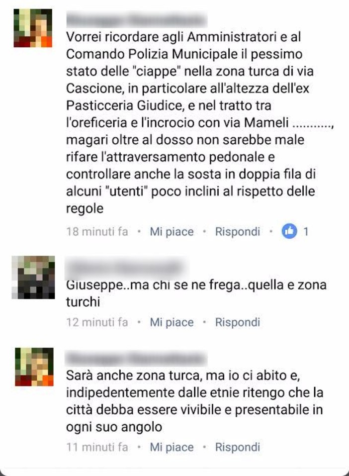 Imperia: "la parte bassa di via Cascione? Chi se ne frega. E' zona dei turchi". Il commento razzista su Facebook