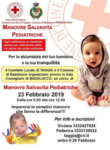 Badalucco: il 23 febbraio, Corso di manovre di disostruzione pediatrica a cura della Croce Rossa