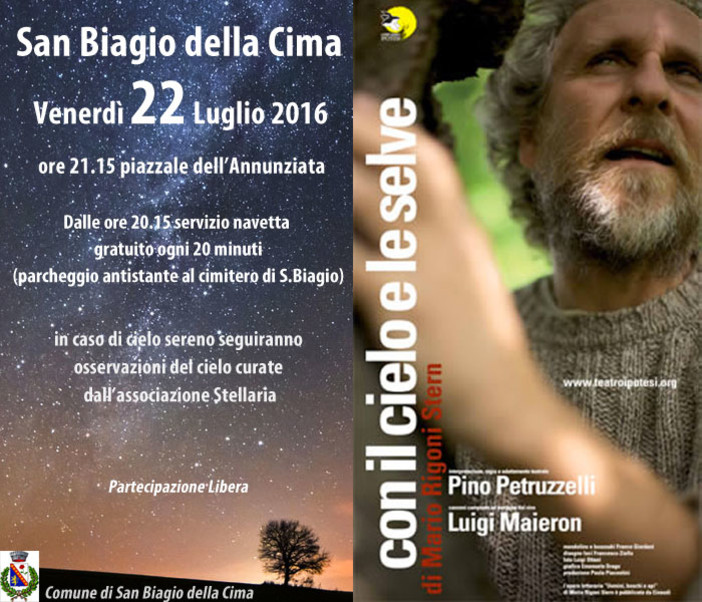 San Biagio della Cima: dalle 21.15 appuntamento con Pino Petruzzelli per la serata 'Con il cielo e le selve' San Biagio della Cima: dalle 21.15 appuntamento con Pino Petruzzelli per la serata 'Con il cielo e le selve'