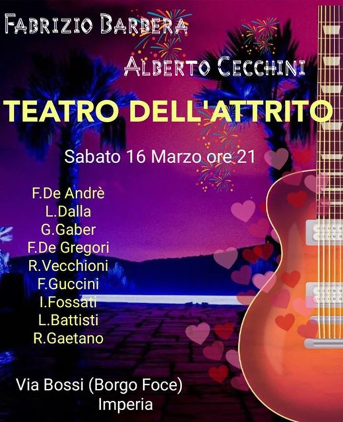 Imperia: sabato prossimo, ritorna il cantautorato d'autore al Teatro dell'Attrito