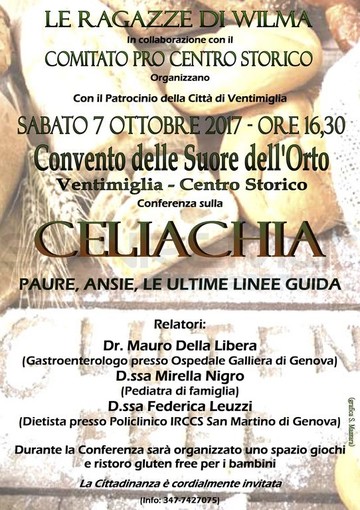 Ventimiglia: celiachia, paure ed ansie, oggi al Convento delle Suore dell’Orto la conferenza organizzata da ‘Le ragazze di Wilma’ e il comitato Pro Centro Storico