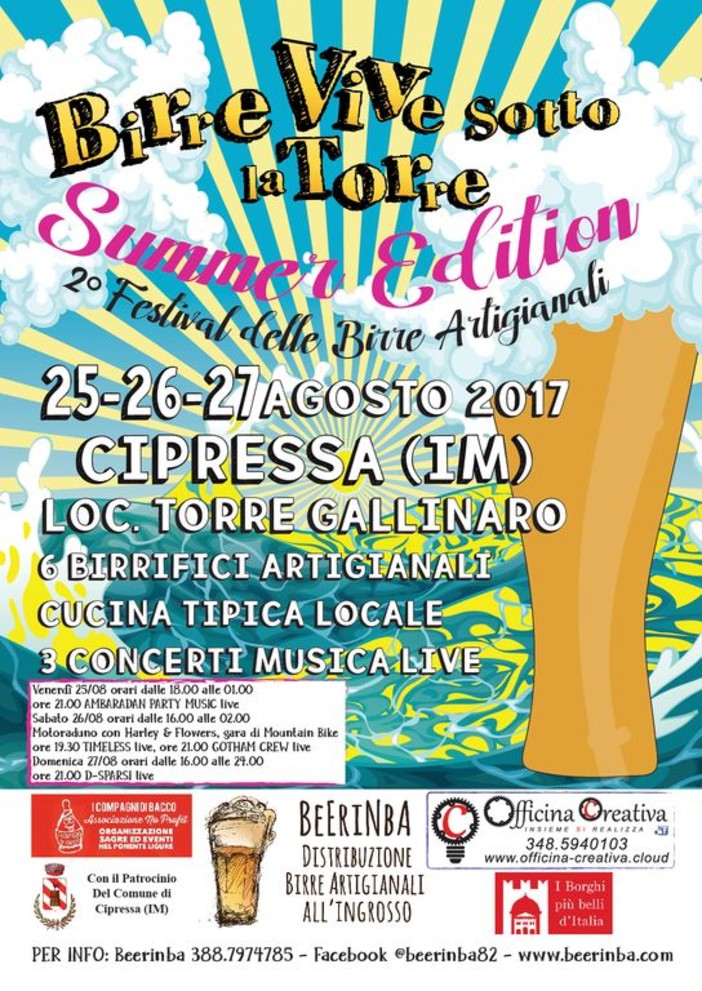Cipressa: ad Agosto ritorna "Birre vive sotto la Torre Summer edition". Tre giorni di birre artigianali, rock e cucina ligure