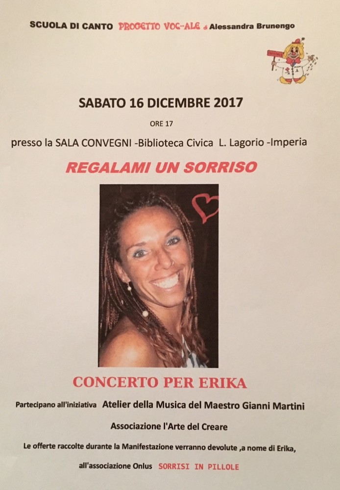 Imperia: questo pomeriggio alla biblioteca Lagorio 'Regalami un sorriso', concerto benefico in memoria di Erika Cannoni Imperia: questo pomeriggio alla biblioteca Lagorio 'Regalami un sorriso', concerto benefico in memoria di Erika Cannoni