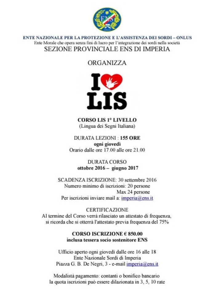 Imperia: iscrizioni aperte al corso per imparare la lingua dei segni italiana