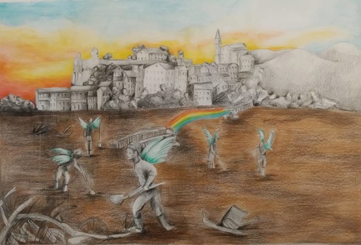 Gli 'angeli del fango' in un disegno della giovane ventimigliese Chiara