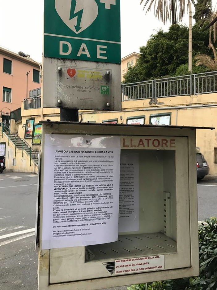 Sanremo: rubato defibrillatore alla Foce, Arrigoni (Nuovo Ritmo nel Cuore) "Un grave danno per la collettività"
