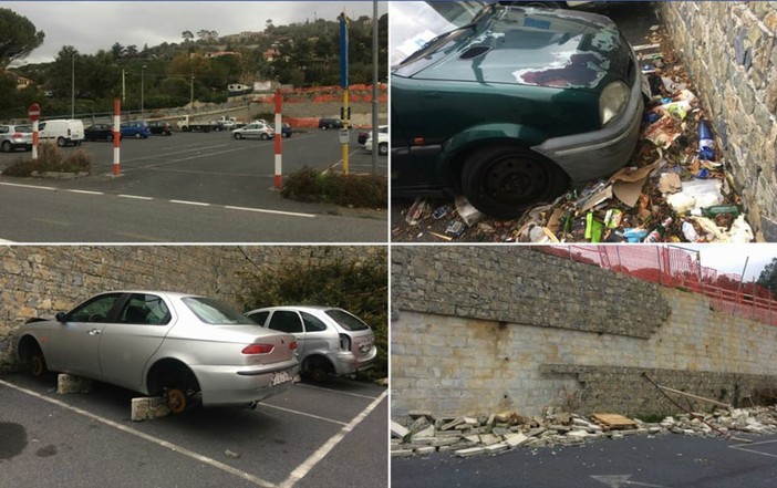 Imperia: scene di degrado nel parcheggio di via Littardi, sporcizia e auto abbandonate nelle immagini di un nostro lettore