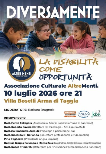 Arma di Taggia, nasce l'associazione "AltreMenti", venerdì 10 luglio la presentazione a Villa Boselli Arma di Taggia, nasce l'associazione "AltreMenti", venerdì 10 luglio la presentazione a Villa Boselli