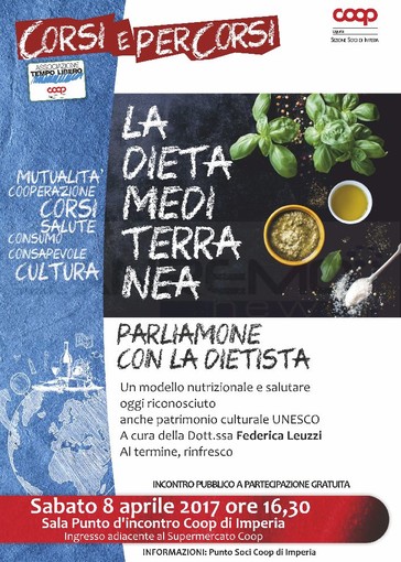 Imperia: sabato prossimo alla Sala Punto di Incontro Coop incontro sulla dieta mediterranea con Federica Leuzzi