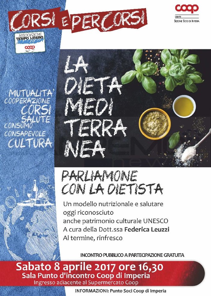 Imperia: sabato prossimo alla Sala Punto di Incontro Coop incontro sulla dieta mediterranea con Federica Leuzzi