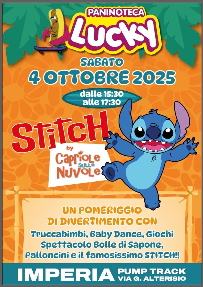 Imperia, festa per i più piccoli con Stitch: giochi, bolle giganti e tanto divertimento alla Paninoteca Lucky Imperia, festa per i più piccoli con Stitch: giochi, bolle giganti e tanto divertimento alla Paninoteca Lucky