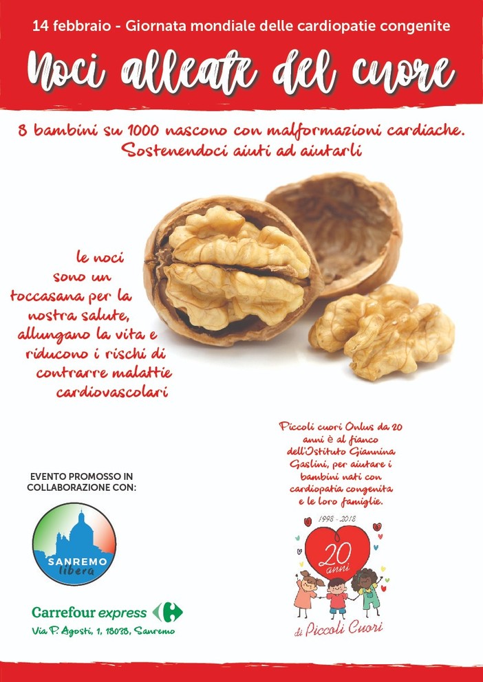Sanremo: giovedì prossimo, evento ‘Noci alleate del Cuore’ a sostegno del progetto dell'Associazione Piccoli cuori ONLUS Sanremo: giovedì prossimo, evento ‘Noci alleate del Cuore’ a sostegno del progetto dell'Associazione Piccoli cuori ONLUS