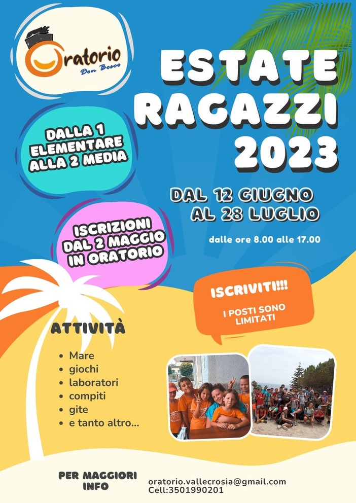 Vallecrosia: aperte le iscrizioni per l'Estate Ragazzi 2023 all'Oratorio Don Bosco Vallecrosia: aperte le iscrizioni per l'Estate Ragazzi 2023 all'Oratorio Don Bosco