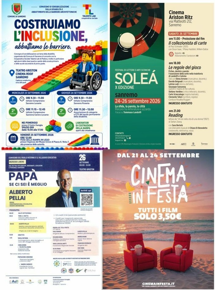 Sanremo: tra "Cinema in Festa", il convegno con Alberto Pellai, i mattoncini Lego inclusivi e Soleá, un fine settimana ricco di eventi all'Ariston Sanremo: tra "Cinema in Festa", il convegno con Alberto Pellai, i mattoncini Lego inclusivi e Soleá, un fine settimana ricco di eventi all'Ariston
