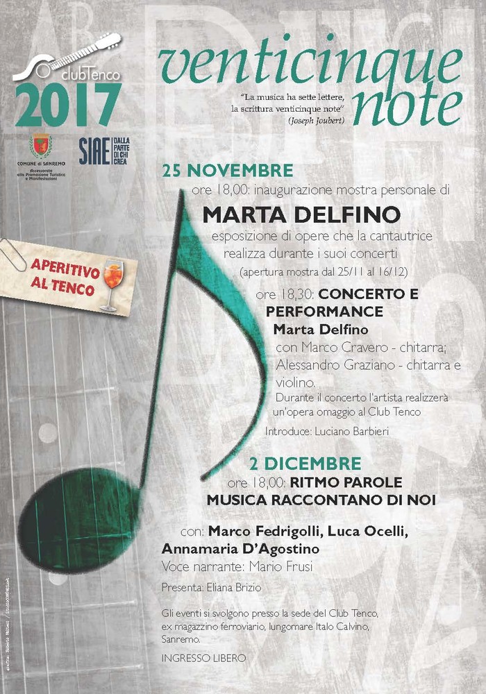 Sanremo: al Club Tenco sabato 25 novembre ed il 2 dicembre due eventi dedicati all'arte ed alla musica
