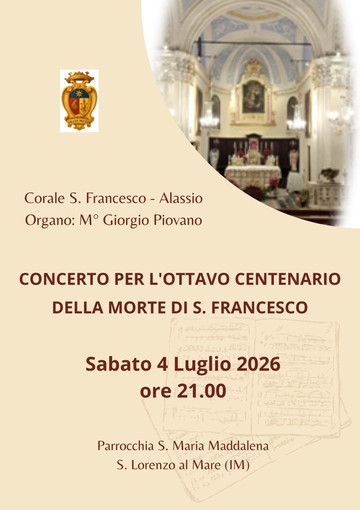 San Lorenzo al Mare: concerto per l’Ottavo Centenario della morte di San Francesco con la Corale San Francesco di Alassio