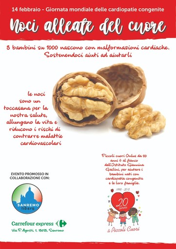 Sanremo: giovedì prossimo, evento ‘Noci alleate del Cuore’ a sostegno del progetto dell'Associazione Piccoli cuori ONLUS