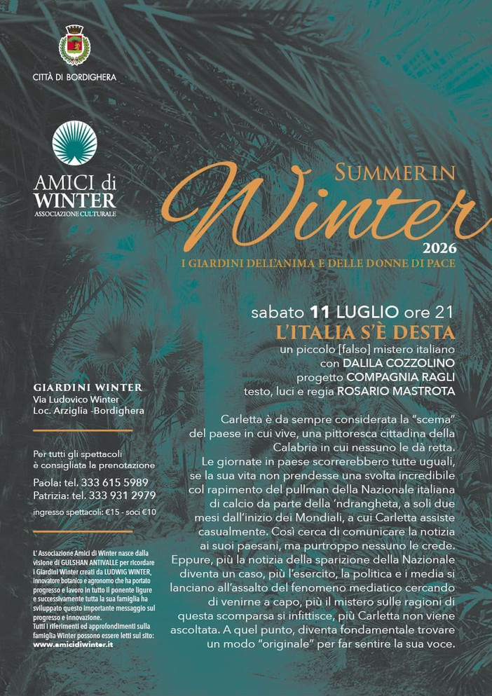 "L'Italia s'è desta" con Dalila Cozzolino, nuovo appuntamento di Summer in Winter ai Giardini Winter di Bordighera "L'Italia s'è desta" con Dalila Cozzolino, nuovo appuntamento di Summer in Winter ai Giardini Winter di Bordighera