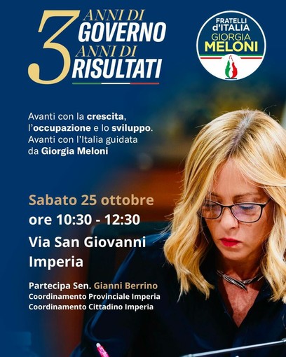 FdI celebra tre anni di Governo Meloni: gazebo informativi a Imperia e Sanremo FdI celebra tre anni di Governo Meloni: gazebo informativi a Imperia e Sanremo
