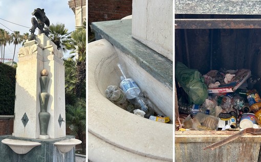 Sanremo, la fontana di piazza Cesare Battisti versa nel degrado: turisti accolti dai rifiuti
