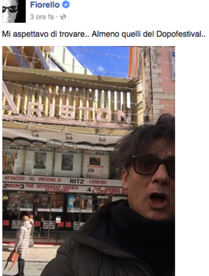 Sanremo: Fiorello posta le foto della città dei fiori e non manca di scattarsi un selfie al teatro Ariston