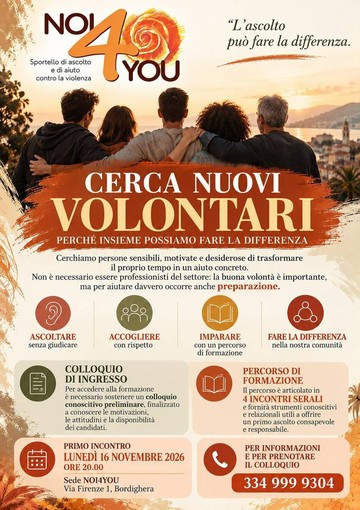Bordighera, l'associazione Noi4You ricerca nuovi volontari contro la violenza di genere Bordighera, l'associazione Noi4You ricerca nuovi volontari contro la violenza di genere