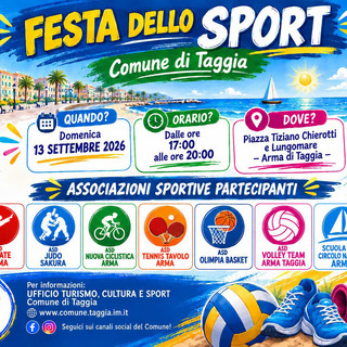 Arma di Taggia, domenica 13 settembre torna la Festa dello Sport sul lungomare e in piazza Chierotti Arma di Taggia, domenica 13 settembre torna la Festa dello Sport sul lungomare e in piazza Chierotti