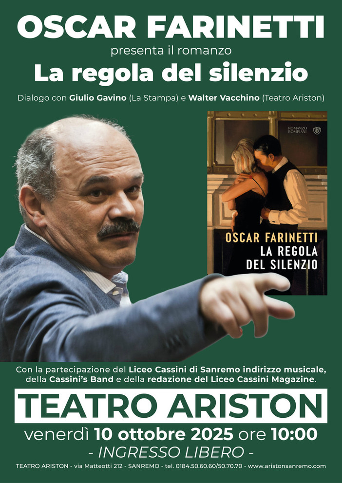 Sanremo: Oscar Farinetti presenta “La regola del silenzio” al Teatro Ariston Sanremo: Oscar Farinetti presenta “La regola del silenzio” al Teatro Ariston