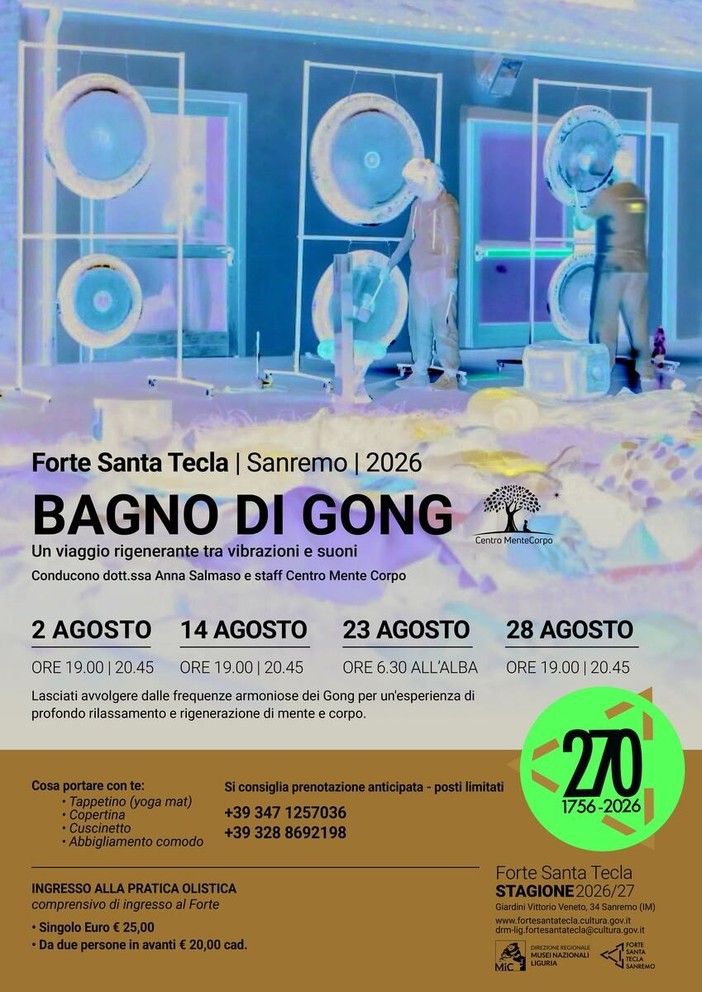 Sanremo, alba di benessere al Forte di Santa Tecla: torna l’esperienza immersiva del Bagno di Gong Sanremo, alba di benessere al Forte di Santa Tecla: torna l’esperienza immersiva del Bagno di Gong