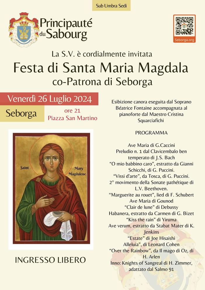 A Seborga la Festa della Musica Lirica e di Santa Maria di Magdala A Seborga la Festa della Musica Lirica e di Santa Maria di Magdala