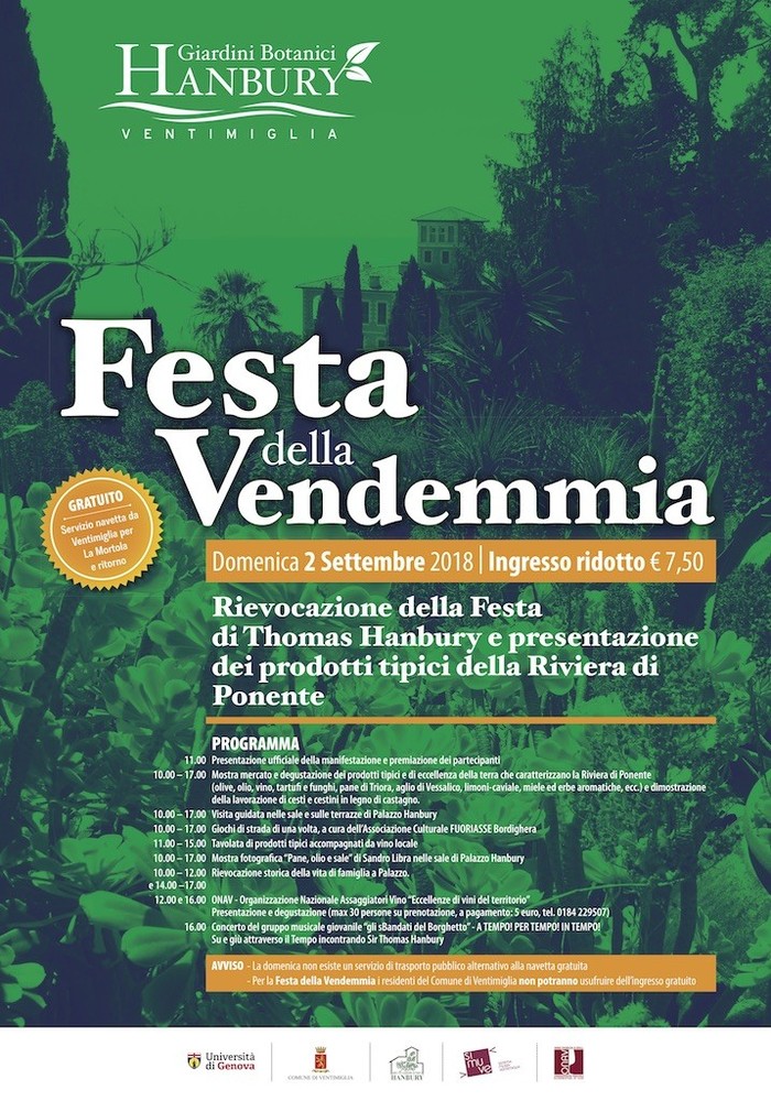 Ventimiglia: il 2 settembre ai giardini Botanici Hanbury ritornerà la Festa della Vendemmia Ventimiglia: il 2 settembre ai giardini Botanici Hanbury ritornerà la Festa della Vendemmia