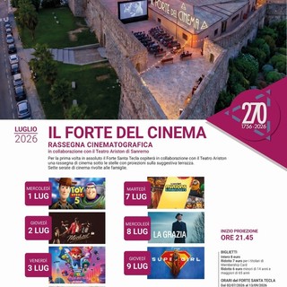 Sanremo, al Forte Santa Tecla arriva “Il Forte del Cinema”: sette serate di cinema sotto le stelle con il Teatro Ariston Sanremo, al Forte Santa Tecla arriva “Il Forte del Cinema”: sette serate di cinema sotto le stelle con il Teatro Ariston