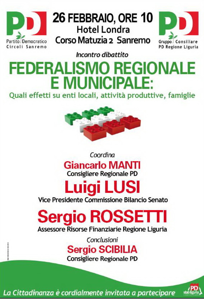 Sanremo: il PD organizza un incontro sul tema del federalismo