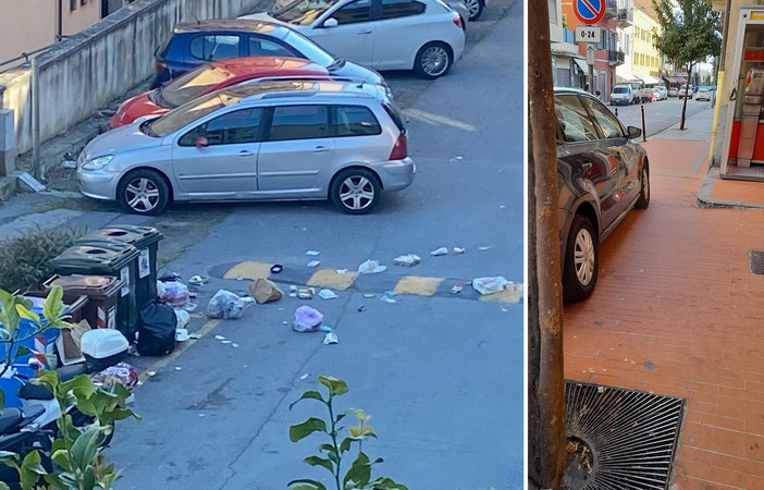 Rifiuti abbandonati per strada e auto fuori dagli spazi consentiti: le segnalazioni con foto di due lettori
