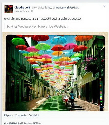 Sanremo: ombrelli colorati sospesi nel cielo..di via Matteotti? Come in Portogallo, l'idea artistica che piace a Claudia Lolli