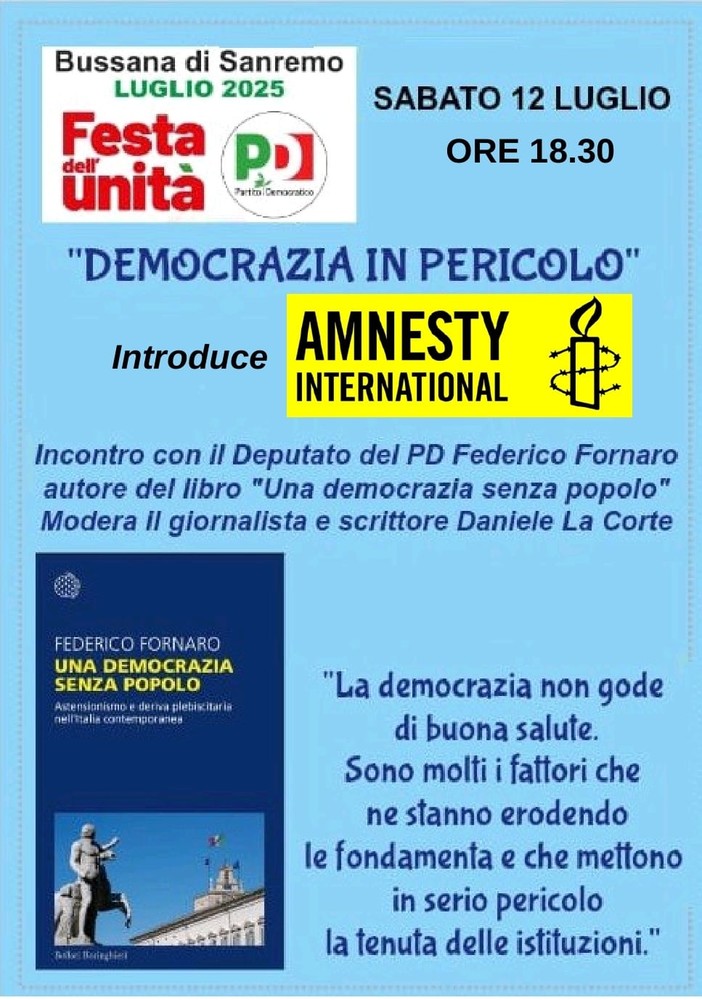Bussana, Festa dell’Unità: Fornaro e Amnesty accendono il dibattito sulla crisi della democrazia Bussana, Festa dell’Unità: Fornaro e Amnesty accendono il dibattito sulla crisi della democrazia
