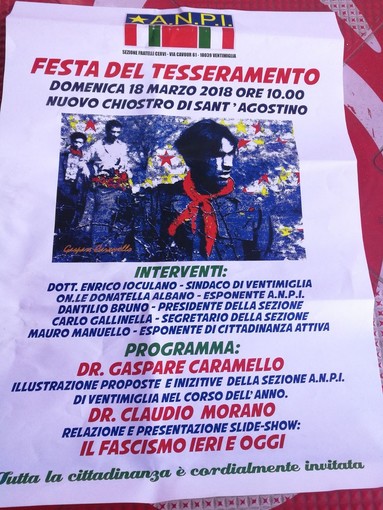 Ventimiglia: domenica prossima al Chiostro di Sant’Agostino la ‘Festa del Tesseramento Anpi’, interverrà anche il Sindaco Ioculano