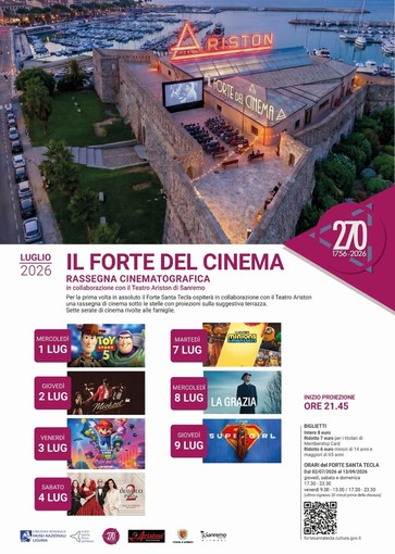 Sanremo, al Forte Santa Tecla arriva “Il Forte del Cinema”: sette serate di cinema sotto le stelle con il Teatro Ariston Sanremo, al Forte Santa Tecla arriva “Il Forte del Cinema”: sette serate di cinema sotto le stelle con il Teatro Ariston