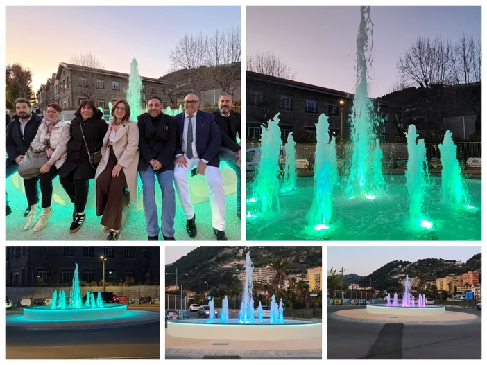 Rotonda riqualificata, Vallecrosia inaugura la prima fontana. Perri: "Un simbolo che rappresenta la città" (Foto e video)