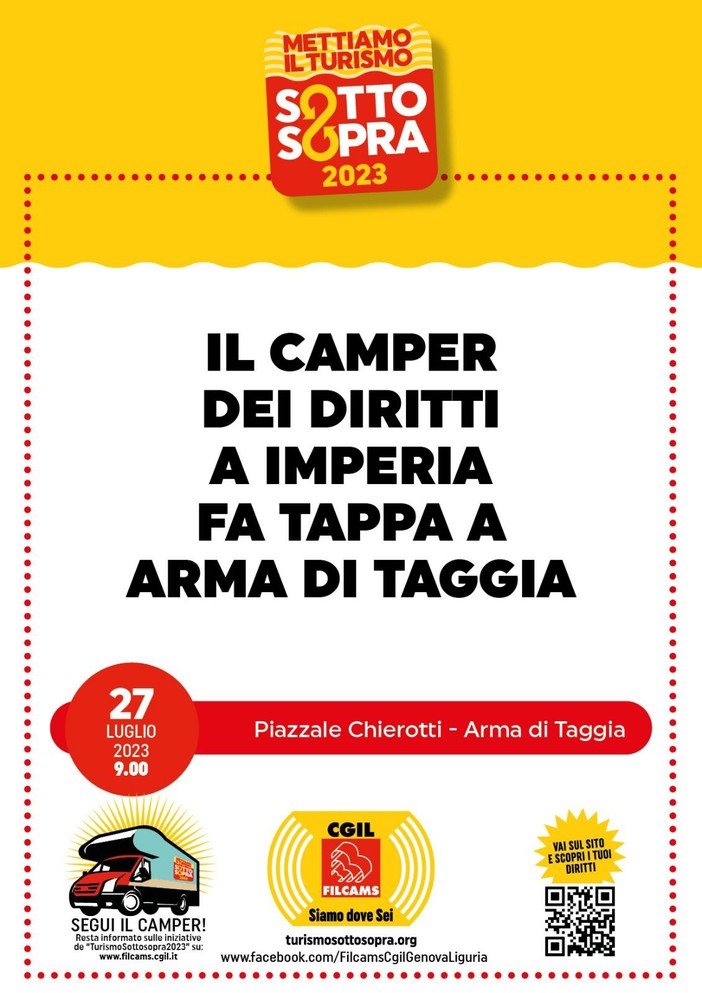 Il Camper del Turismo “Mettiamo il Turismo SottoSopra” della Filcams Cgil fa tappa ad Arma di Taggia Il Camper del Turismo “Mettiamo il Turismo SottoSopra” della Filcams Cgil fa tappa ad Arma di Taggia