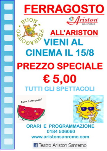 'Ferragosto al 'Cinema', ingresso a 5 euro nelle sale di Sanremo e Ventimiglia