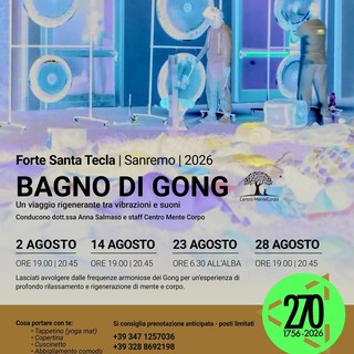 Sanremo, alba di benessere al Forte di Santa Tecla: torna l’esperienza immersiva del Bagno di Gong Sanremo, alba di benessere al Forte di Santa Tecla: torna l’esperienza immersiva del Bagno di Gong