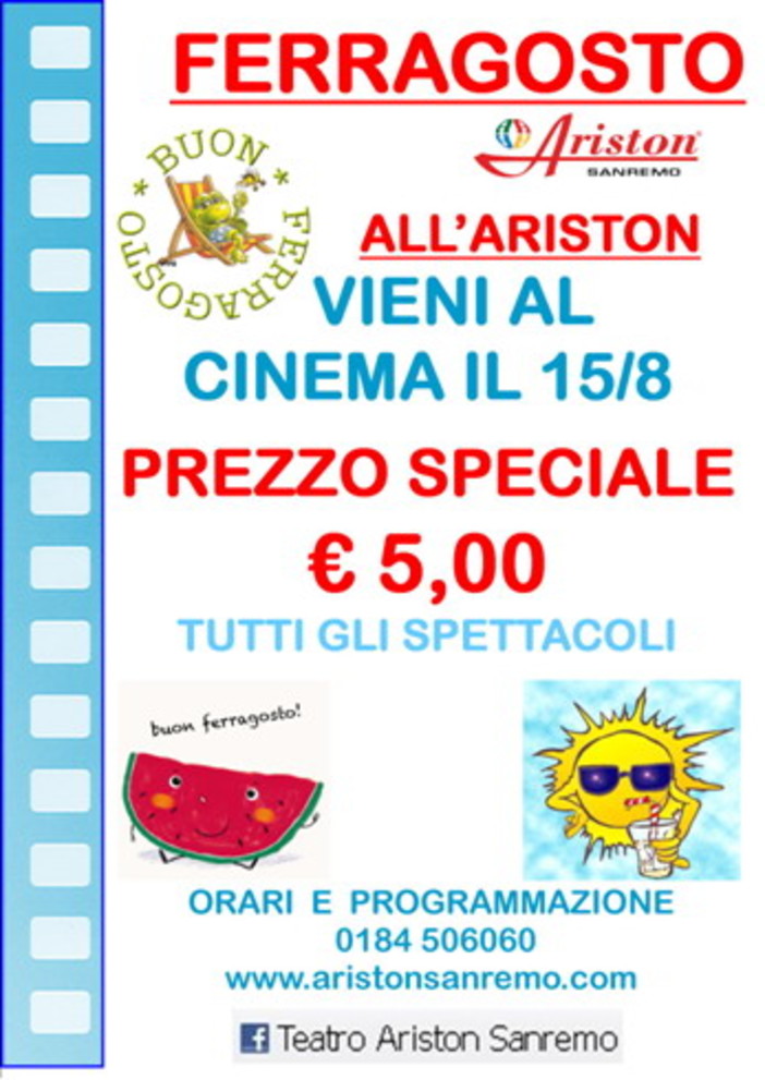 'Ferragosto al 'Cinema', ingresso a 5 euro nelle sale di Sanremo e Ventimiglia