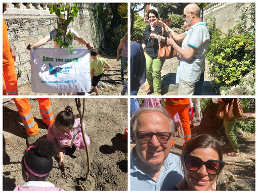Imperia, Festa degli alberi: piccoli giardinieri all'opera nel Parco Winter sopra l'ex stazione di Porto Imperia, Festa degli alberi: piccoli giardinieri all'opera nel Parco Winter sopra l'ex stazione di Porto