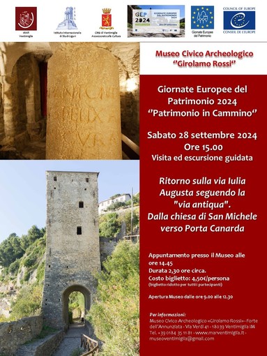 Giornate Europee del Patrimonio 2024 , il Mar di Ventimiglia organizza passeggiata con visita guidata lungo la Via Iulia Augusta Giornate Europee del Patrimonio 2024 , il Mar di Ventimiglia organizza passeggiata con visita guidata lungo la Via Iulia Augusta