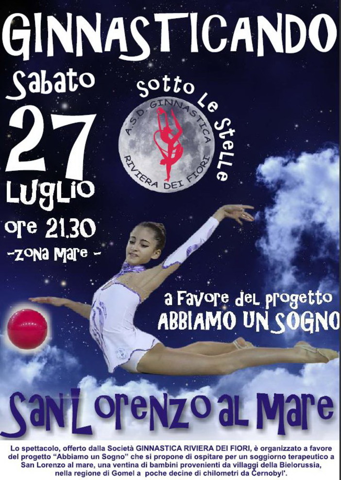 San Lorenzo al mare: domani, 'Ginnasticando Sotto le Stelle' a favore dei bambini della Bielorussia San Lorenzo al mare: domani, 'Ginnasticando Sotto le Stelle' a favore dei bambini della Bielorussia
