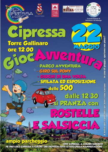 Cipressa: per il quarto anno consecutivo, torna oggi la festa ‘Giocavventura’, al via alle 12.30 Cipressa: per il quarto anno consecutivo, torna oggi la festa ‘Giocavventura’, al via alle 12.30